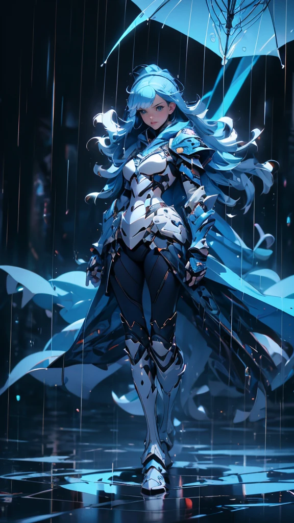 envision a 8k, highres, cinematic, beautiful full body concept art design sheet of a cute girl with blue hair, blue eyes, clear rain coat, black tight suit, fantasy armor, jrpg inspired armor, in dark lighting, against a dark gray background