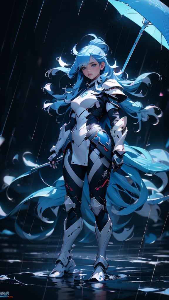 envision a 8k, highres, cinematic, beautiful full body concept art design sheet of a cute girl with blue hair, blue eyes, clear rain coat, black tight suit, fantasy armor, jrpg inspired armor, in dark lighting, against a dark gray background