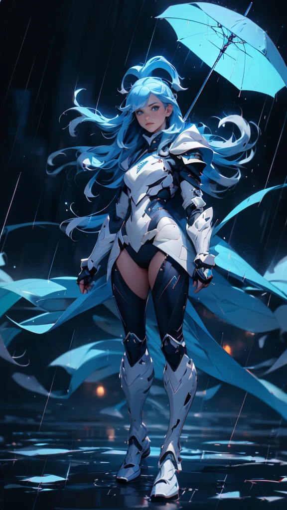 envision a 8k, highres, cinematic, beautiful full body concept art design sheet of a cute girl with blue hair, blue eyes, clear rain coat, black tight suit, fantasy armor, jrpg inspired armor, in dark lighting, against a dark gray background