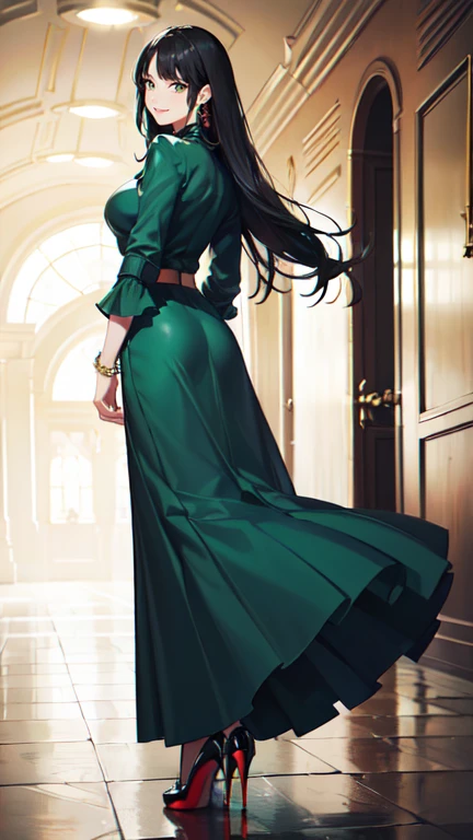 ((masterpiece, high resolution, better quality, better details)), ((Smiling)), ((one girl)) a girl standing, full body, maxi green skirt, blouse,((louboutin high heels)), green eyes , ((black hair, long hair)), shiny skin, ((from behind)), solo, full body, focus full body, high heels, in office, working secretary