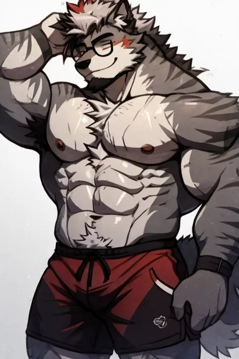 A Very Muscular Furry Gray Wolf. He is Topless with a red and gray shorts. His both hand is Together behind his head. The background is just Gray. He have a little messy and little spikey hair. He is looking at the viewer. He is smiling and both of his eyes are closed. He wears a black glasses. He is standing in the background. He have alot of furs