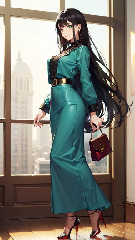 ((masterpiece, high resolution, better quality, better details)), ((Smiling)), ((one girl)) a girl standing, full body, maxi green skirt, blouse,((louboutin high heels)), green eyes , ((black hair, long hair)), shiny skin, ((from behind)), solo, full body, focus full body, high heels, in office, working secretary