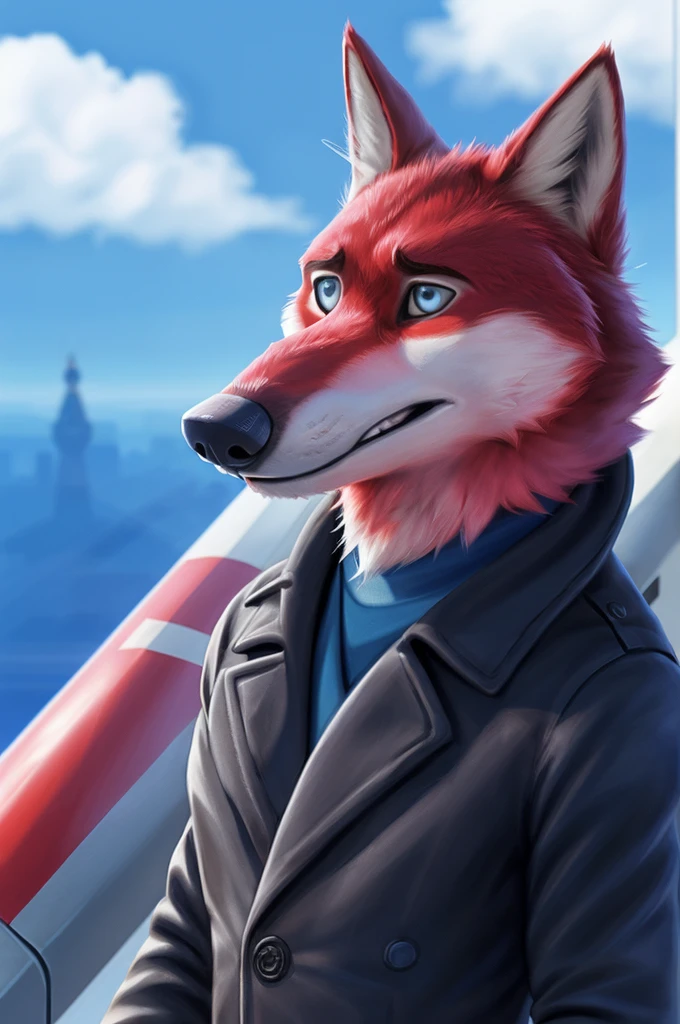 Ivan Wolfbach (Moscow),high,Beautiful,slim,24 years,wolf, red fur,high Beautiful wolf, 24 years,(red body:1.3),beautiful blue eyes,Moscow россия, dressed,form, civil aviation pilot,shirt,ё shoulder, captain&#39;cap, Black tie, trousers,canine, wolf, detailed fur, Male, second, paw pads, finger claws, At the viewer, 5 fingers, paws, 5 fingers,day,digital photography,smile, Laughter, Beautiful teeth, soft focus,Good mood,photorealism, realistic, photorealistic,digital style,from close walks around the city, Very close to the camera, digital photography, smile позитивная, Good,mood, белая shirt, smile Laughter, good mood, behind the wheel, convertibles, 
masterpiece, Best quality, ultra realistic, 8 thousand.)