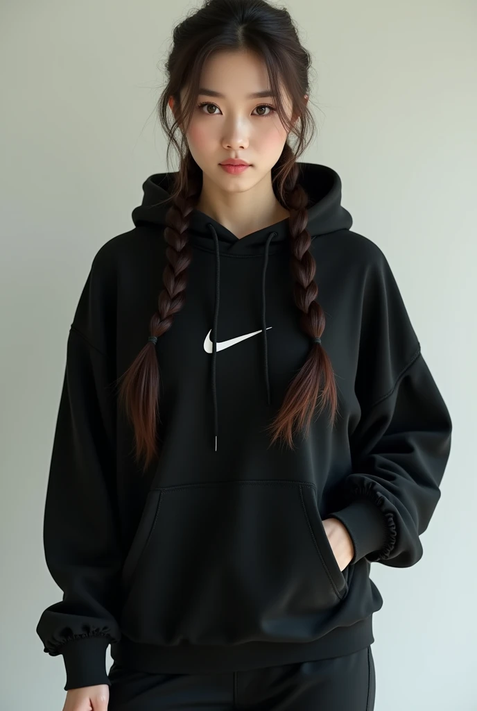 A beautiful Korean brunette with slanted eyes and long braided hair wearing a black Nike hoodie and matching black Nike pants, 