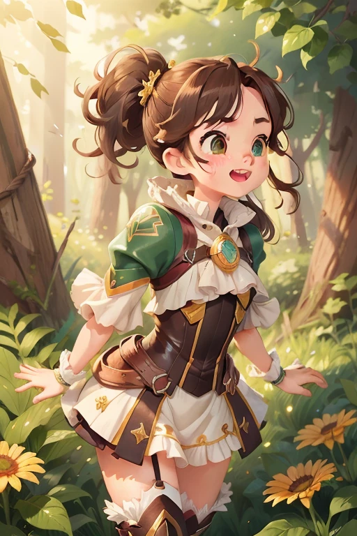 最high quality，No fixes，sauce_anime，Intricate details，high quality，Perfect Anatomy，Break 1 ，alone，Very short stature，GBF-Polaris, harbin, Brown Hair, ponytail, Green Eyes, hair ornaments，Shining golden armor, Thigh-high boots, GBF-Polaris outfit，Panty shot，Place your arms behind your back， Bright smile，Downward mouth，Drooping eyelids，Frowning，Outdoor， information，wood々Sunlight shining through，