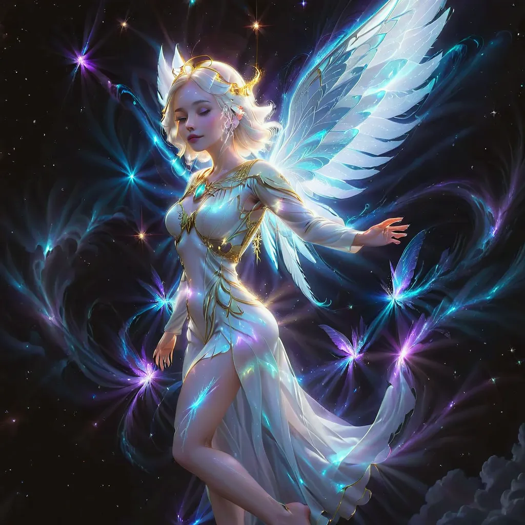 a woman with white hair and wings flying through the air, astral fairy, big white glowing wings, elven angel meditating in space...