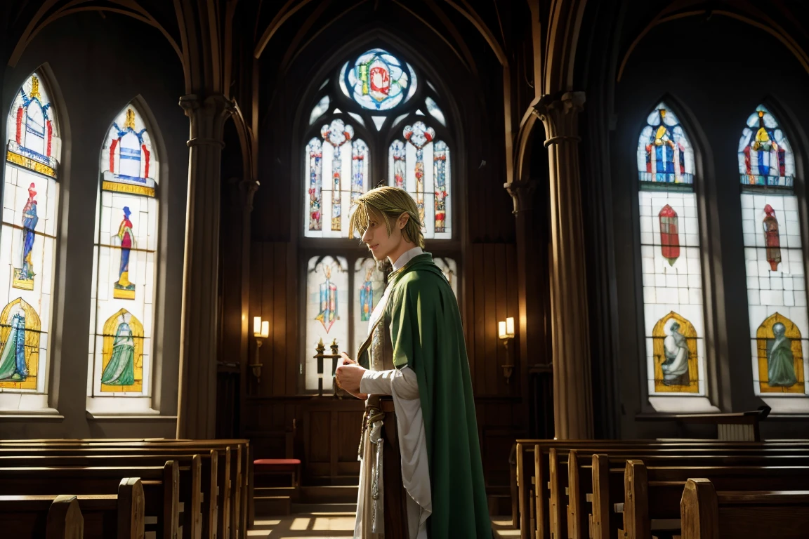 "Inside the dimly lit Hyrulean church, Link is shown from the waist up, expressing relief. His green elven-themed attire is slightly ruffled from the journey, and his sharp blue eyes, along with his tousled golden hair, reflect a sense of peace. The live-action portrayal emphasizes his very detailed facial features, including a sharp jawline and a faint smile of confidence. The warm light from the stained glass windows gently illuminates his face, accentuating the relief he feels. In the background, the stone walls and wooden pews create a serene, protective atmosphere, enhancing the overall sense of safety and comfort within the church."