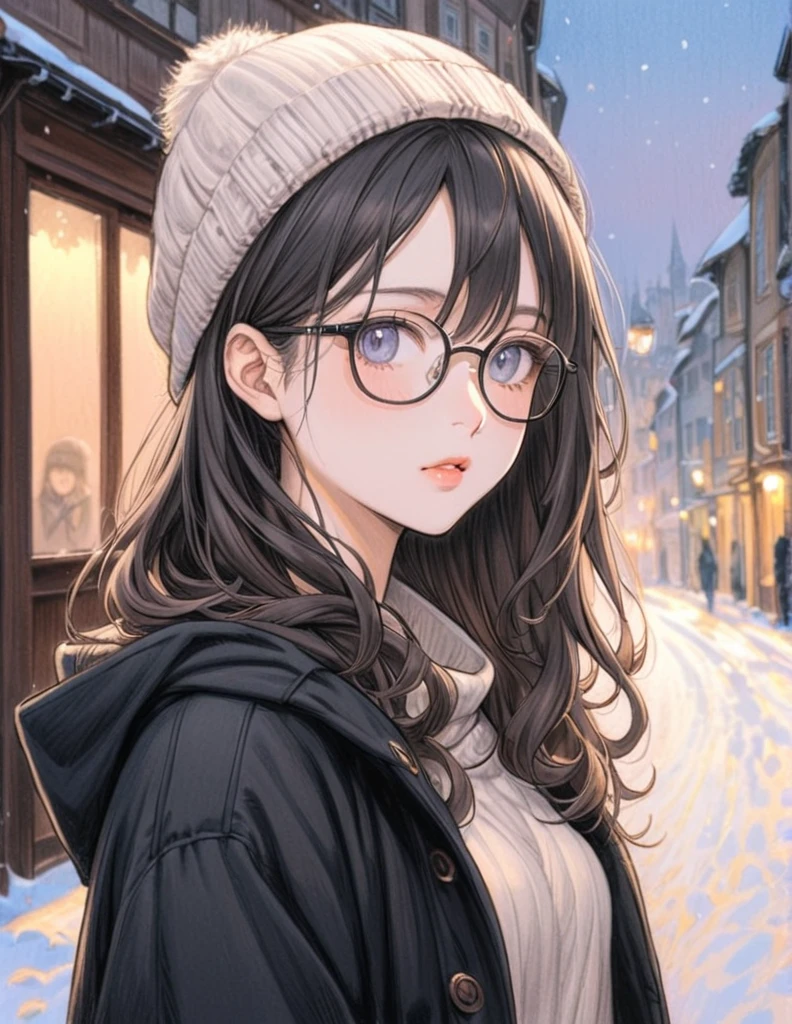 1 female, 20-year-old, alone, thin, thin, Small breasts!!!, Loose Curly Hair, Bedhead, amount, thin, thin, (((Knitted hat, Glasses))), hoodie, Skinny skirt, Are standing, art, Colored pencil drawing, draft, White Background, Portraiture,The background is a snowy old town,Streets of Europe,evening,Pale Light,A lit window,