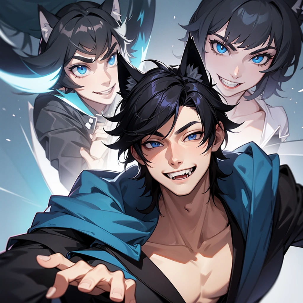 1 young man, Alone, black hair, wolf ears, blue eyes, character design, animated style, light smile, Fangs