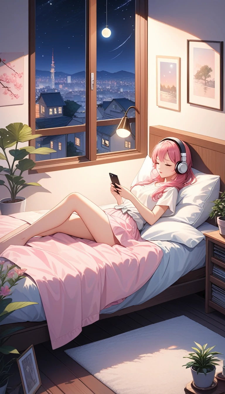 (super masterpiece　Highest quality　High Resolution Ultra HD) Lo-Fi Style、(anime)、(Woman wearing headphones with eyes open)、(Anatomically correct) 、、Hair is about waist length　Her hair color is pink.、Casual clothes、midnight、Room with a night view、Listening to music in bed, staring at my phone、Pet cat sleeping、coffee、magazine、A small potted plant、cute、Stylish、dim、Zoom in、Real Image、dream-like