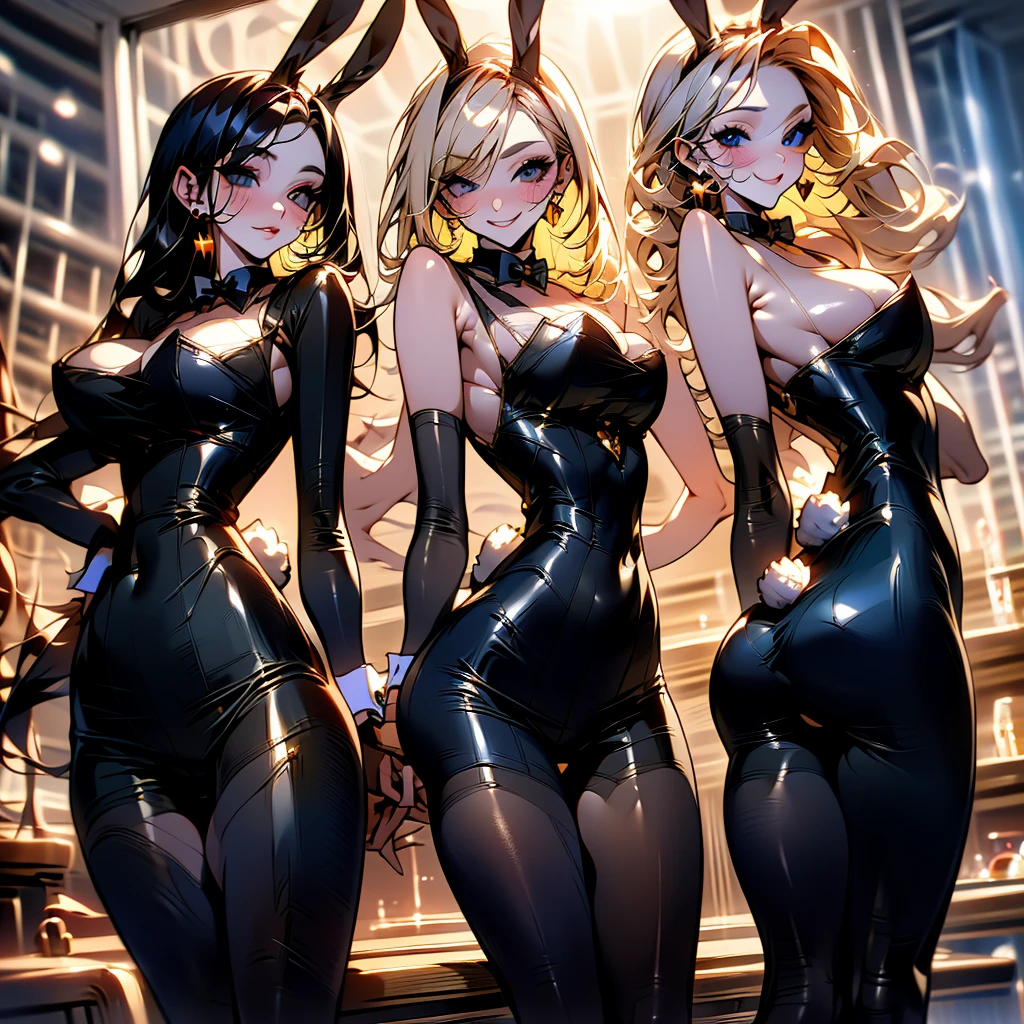 group of Bunny girls in bunny suit dynamic pose in movement looking at the viewer breast to the front  low angle  in a bar in the background low angle view