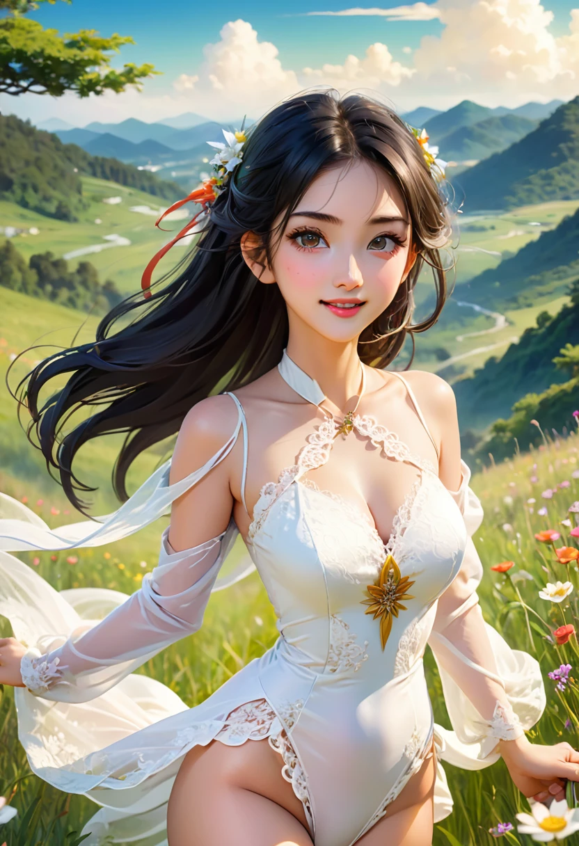 (masterpiece、Highest quality、8k、High resolution)、1 female、Beautiful eyes with slit length、Cute lips、Beautiful Nose、Brownish black hair、smile、(Best anime girl)、Green grassland with forest view、Walking,((Barefoot, off the ground, flying high, high, high, flying and running)),Fantasy art,Colorful flowers blooming in the field,A bright night with the stars clearly visible、milky way、(Mysterious light particles from the whole body、Colorful light particles)、jewelry、necklace、White lace dress、(Beautiful full body style)、Highly detailed anime art、Fantasy art,A complete portrayal