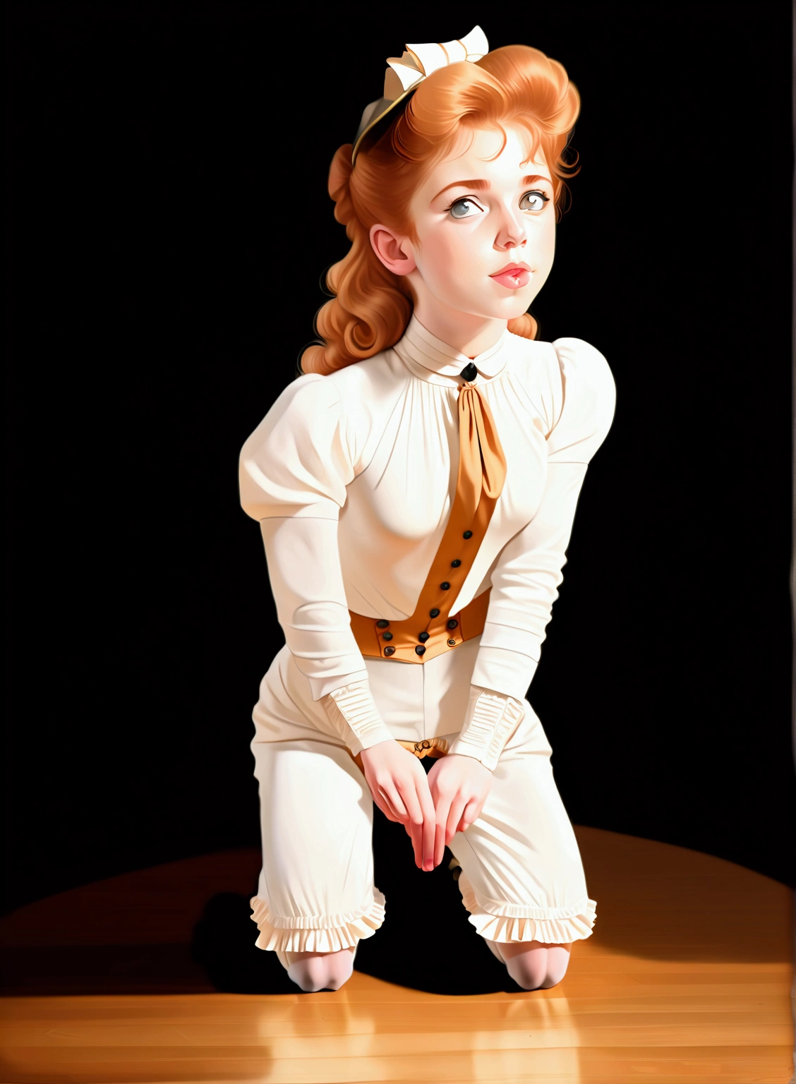 NSFW. Hot 15yo teenage strawberry blonde Gibson Girl (((kneeling, performing fellatio on a lascivious 69yo gentleman:1.5))) (((1900_dr3ss:1.5))). High-collar long sleeve shirtwaist wide-brimmed picture hat, long skirt, petticoats, ((thigh-high silk stockings)), boots. Updone hairdo. Orgasm. (((Hourglass figure))). Year 1900