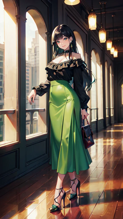 ((masterpiece, high resolution, better quality, better details)), ((Smiling)), ((one girl)) a girl standing, full body, maxi green skirt, blouse,((louboutin high heels)), green eyes , ((black hair, long hair)), shiny skin, ((from behind)), solo, full body, focus full body, high heels, in office, working secretary