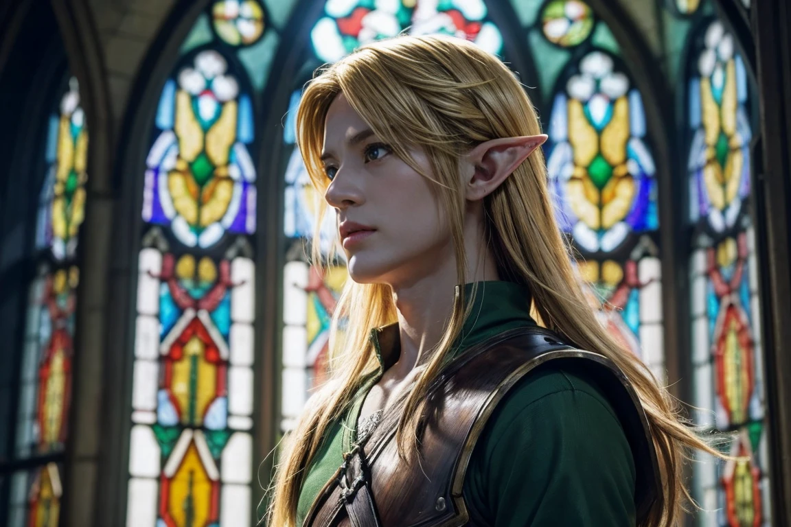 Very detailed, Live Action、Ultra-realistic digital portrait of Link from The Legend of Zelda, Very detailed顔の特徴, Piercing blue eyes, Sharp jawline, disheveled golden hair, A slightly tired look、 Green themed elven clothing、The warm light coming through the stained glass window gently illuminates Link&#39;s face.、It emphasizes the sense of relief that Link feels.。In the background、Stone walls and wooden benches create a calm and protected atmosphere.、Increases the overall feeling of safety and comfort within the church。」