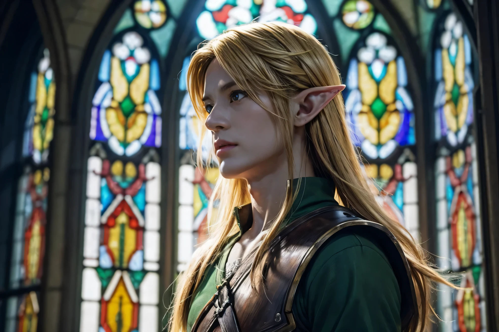 Very detailed, Live Action、Ultra-realistic digital portrait of Link from The Legend of Zelda, Very detailed facial features, Piercing blue eyes, Sharp jawline, disheveled golden hair, A slightly tired look、 Green themed elven clothing、The warm light coming through the stained glass window gently illuminates Link&#39;s face.、It emphasizes the sense of relief that Link feels.。In the background、Stone walls and wooden benches create a calm and protected atmosphere.、Increases the overall feeling of safety and comfort within the church。」