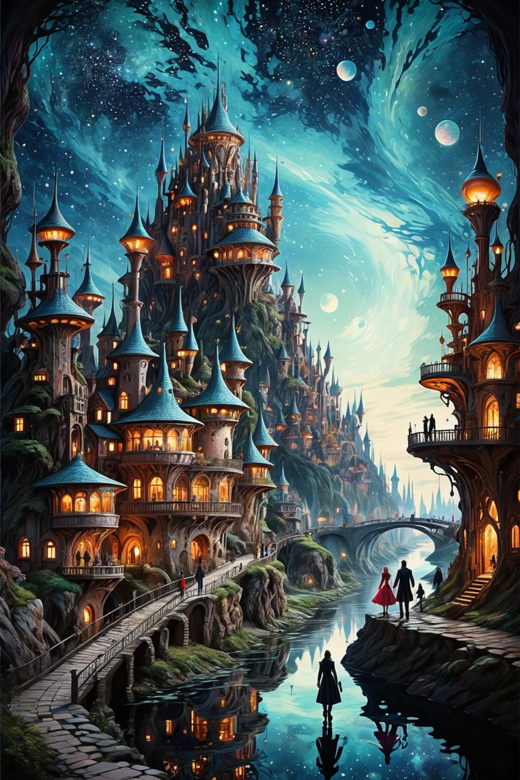 castle in wonderland, sci-fi city landscape with people, walking along the river, Fantastic starry sky 