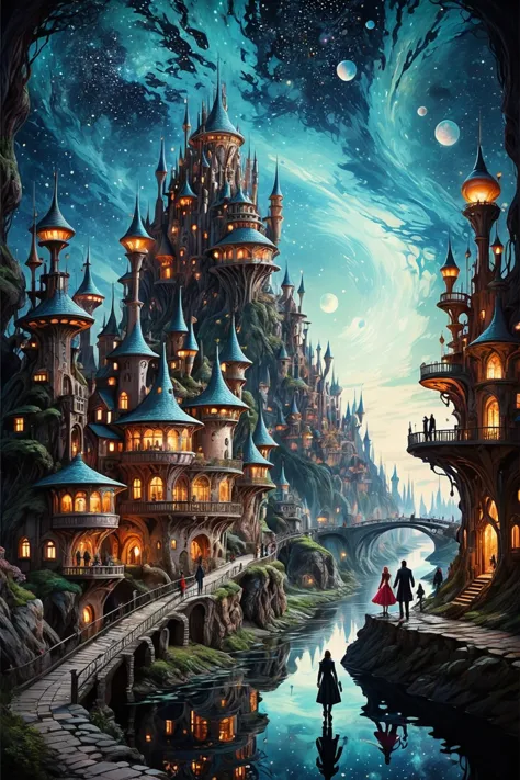 castle in wonderland, sci-fi city landscape with people, walking along the river, fantastic starry sky