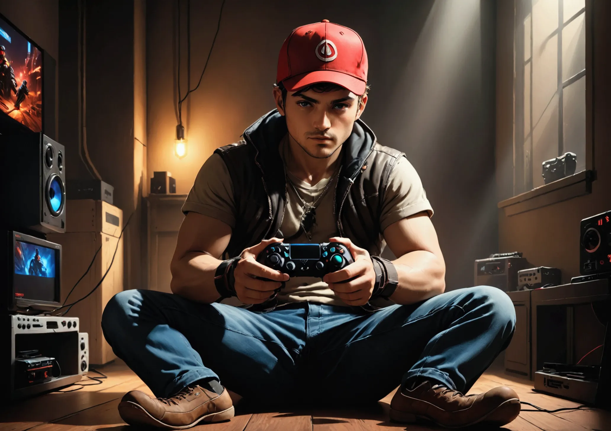 a red-cap funko  male sitting with a video game controller in hand, highly detailed, photorealistic, 8k, best quality, masterpie...