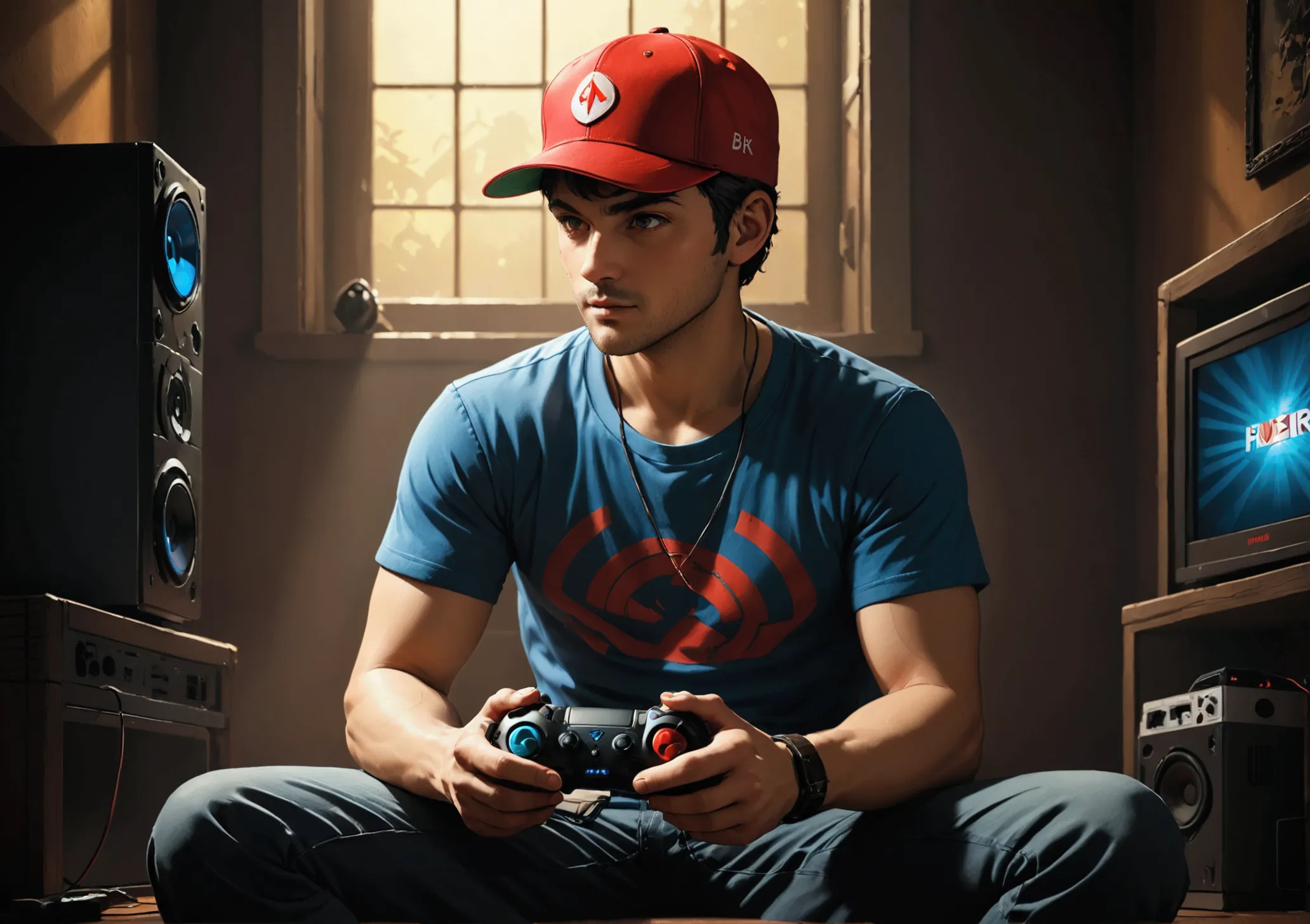 a red-cap funko  male sitting with a video game controller in hand, highly detailed, photorealistic, 8k, best quality, masterpie...