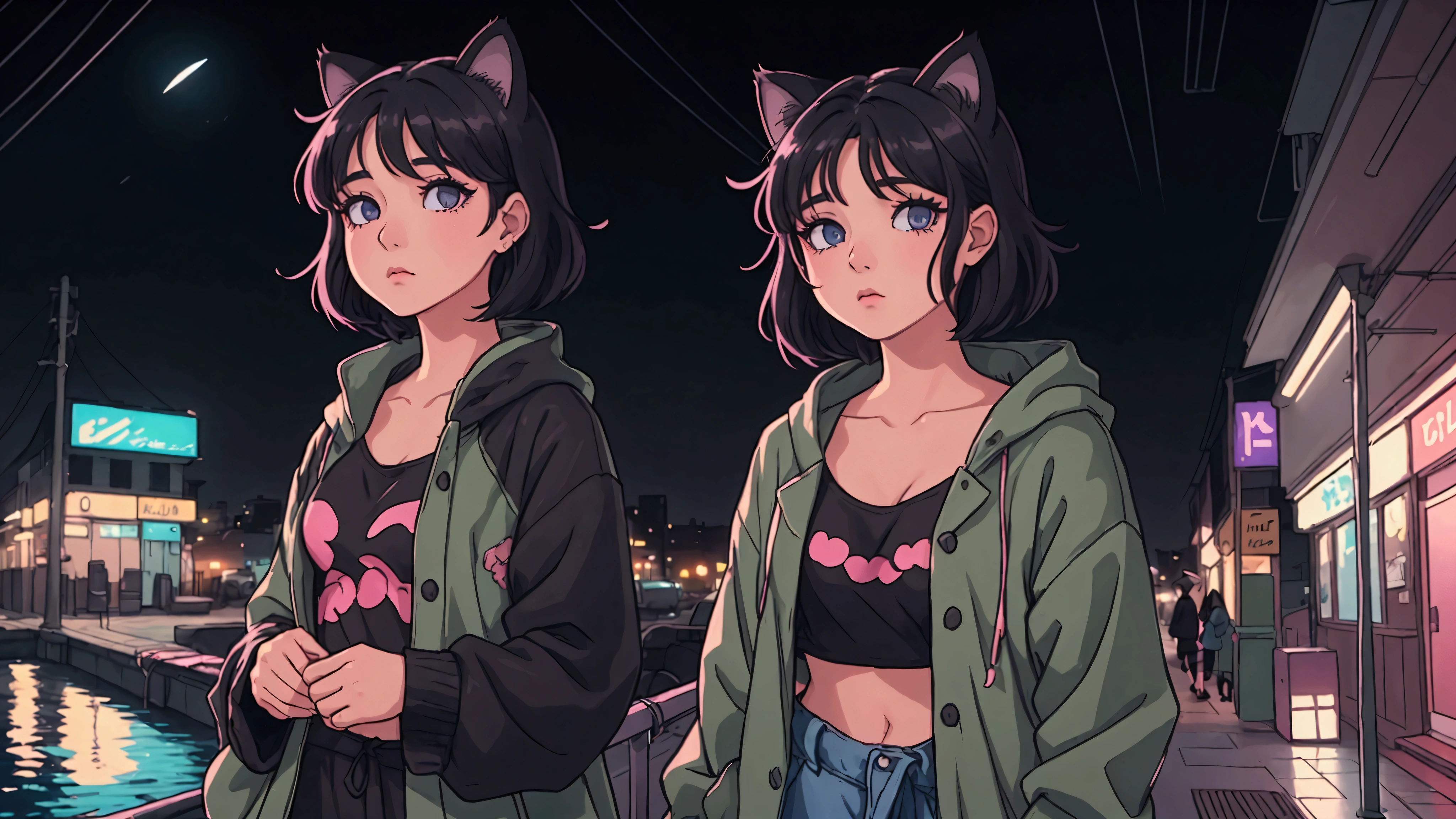 A girl with short black hair and cat ears, wearing dark clothes,with shiny hair with a relaxing atmosphere. night rain, She is a little further away, with a view of her from the waist up, listening to music, and the detailed and vibrant colors, reflecting an 80s and 90s anime aesthetic, mixed with a touch of Fujifilm aesthetics. The girl has beautiful eyes, and the entire composition is in 4K, capturing the lofi aesthetic with a soft and tranquil atmosphere.