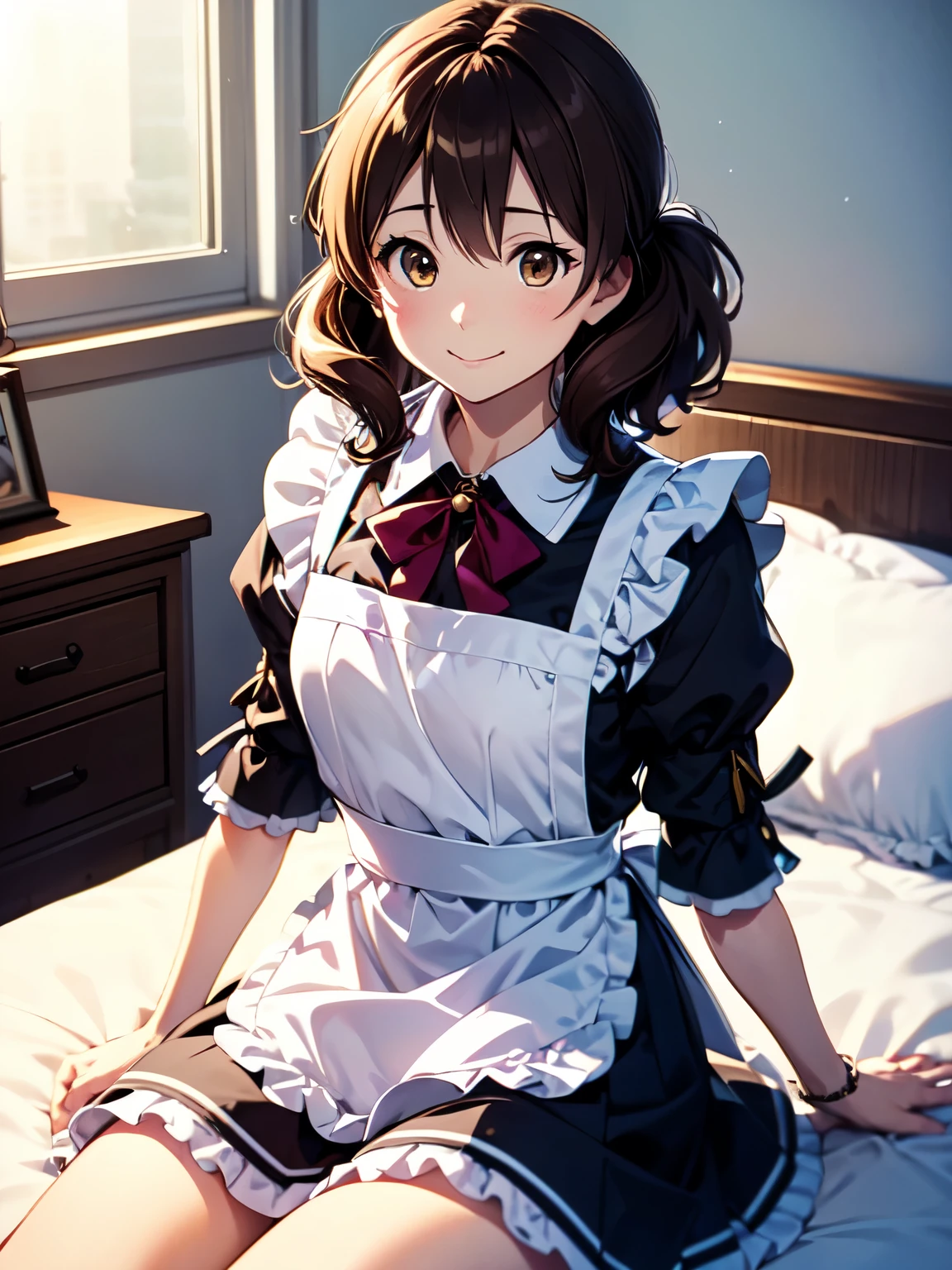 Ultra-precision,masterpiece,(Anime illustration style),Photographed from the front、indoor、Bed、sitting、smile,Kumiko Omae、Highest quality,Very detailed,Outdoor,One Girl、 Brown eyes, Brown Hair, skirt, セクシービクトリア朝Maid clothes、Maid clothes、白いMaid clothes,Closed Mouth、Brown Hair,(Realistic, Genuine, Genuine的、Realistic:1.2), Highest quality、 Cowboy Shot