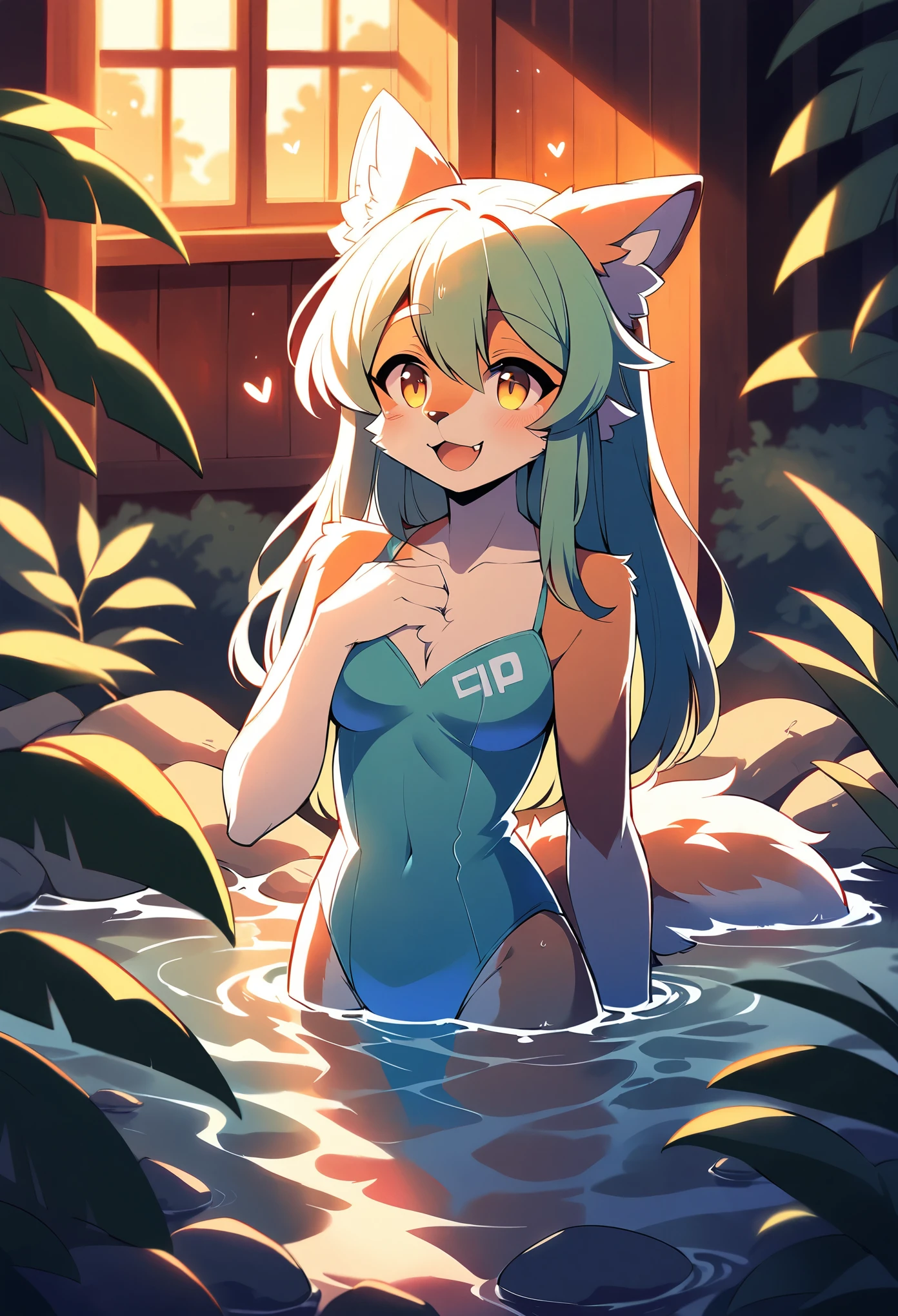 rating_safe, score_9, score_8_up, score_7_up, score_6_up, score_5_up, score_4_up, hires, highres, source_furry(1girl, Solo focus, furry anthro, kemono)bathing in water, beautiful refraction of water, Dreamy, mystical, cute swimming costume, Happy, joyful, cinematic lighting,