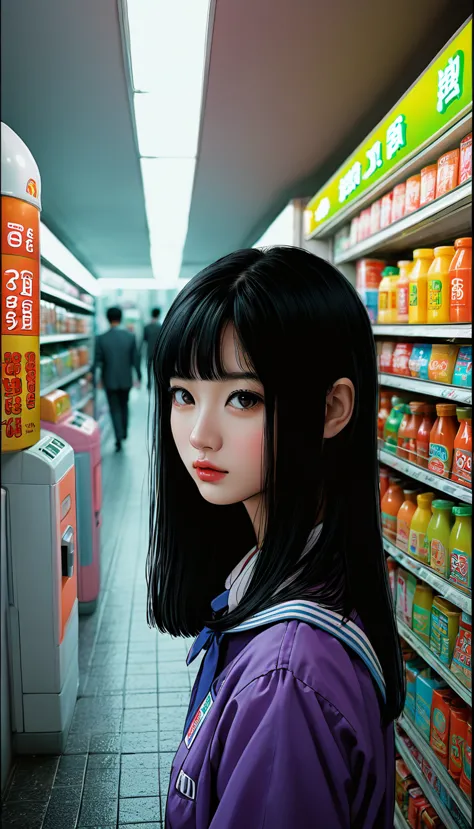 an illustration、art、80s thai horror movie poster, supervised by junji ito、(convenience store店員の制服:1.0)、convenience store、attenti...