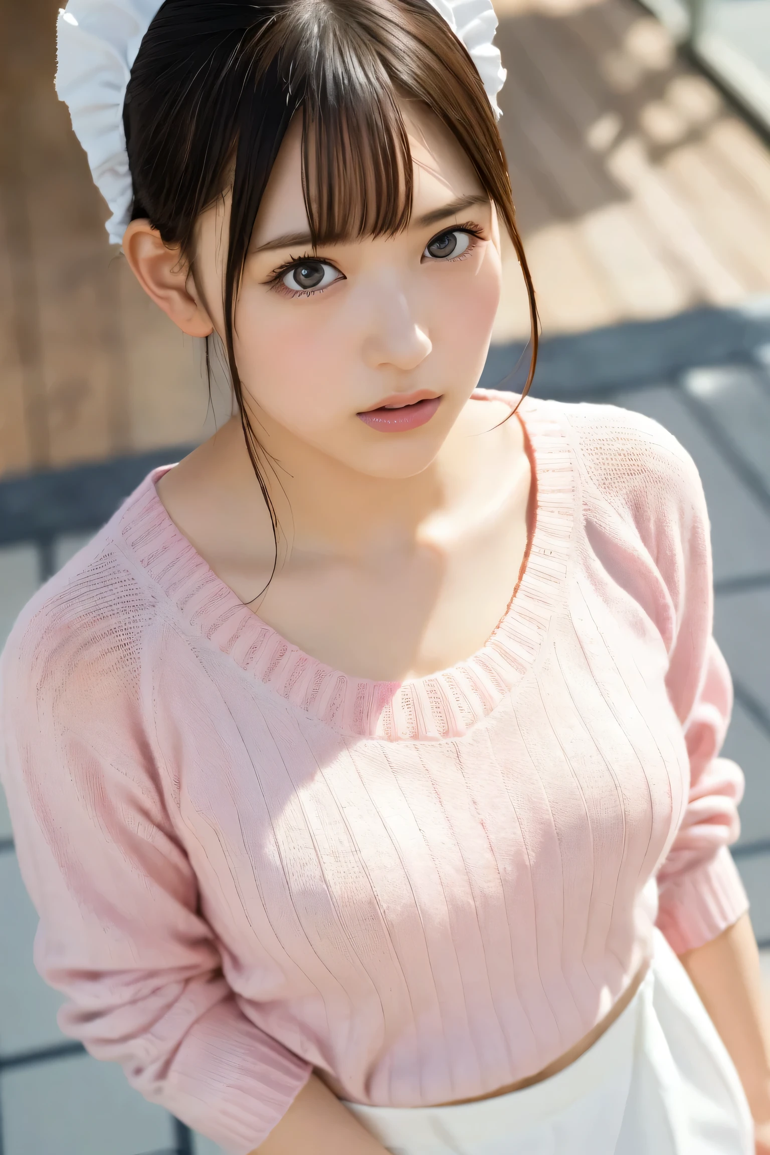 (8k, RAW Photos,Highest quality, High resolution:1.1), (ultra-realistic:1.4),(Realistic, Realistic:1.3),The Beauty of Japan、Rhythmic gymnastics club、Rhythmic Gymnastics Uniform、((Upper Body:1.3)),maid cafe、((maid:1.3)),(pink knit sweater:1.3),look up、Shooting from above、