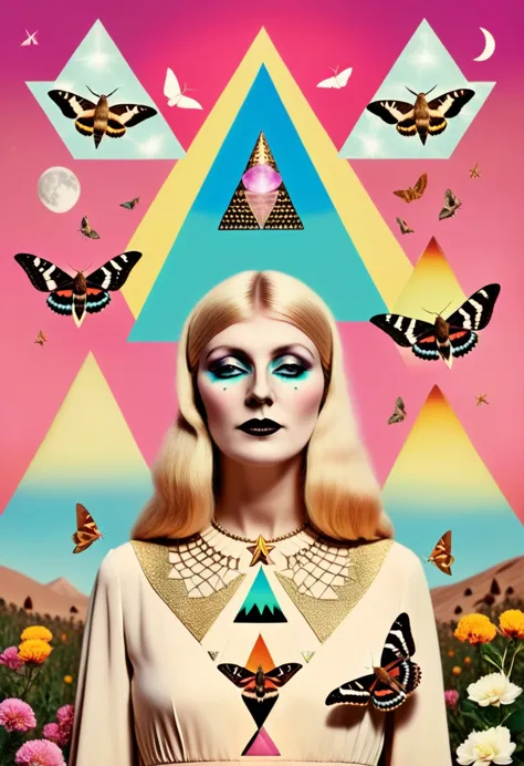 a colorful moth witch with moths around her,arabella rankin, otherworldly, an album cover, aestheticism, moon and triangle backg...