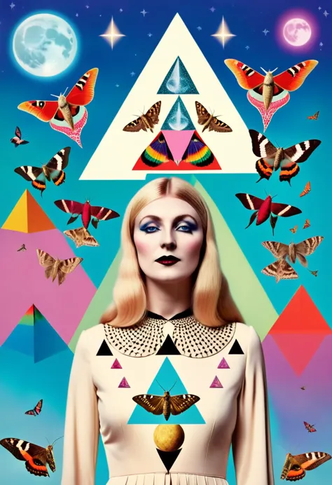 a colorful moth witch with moths around her,arabella rankin, otherworldly, an album cover, aestheticism, moon and triangle backg...