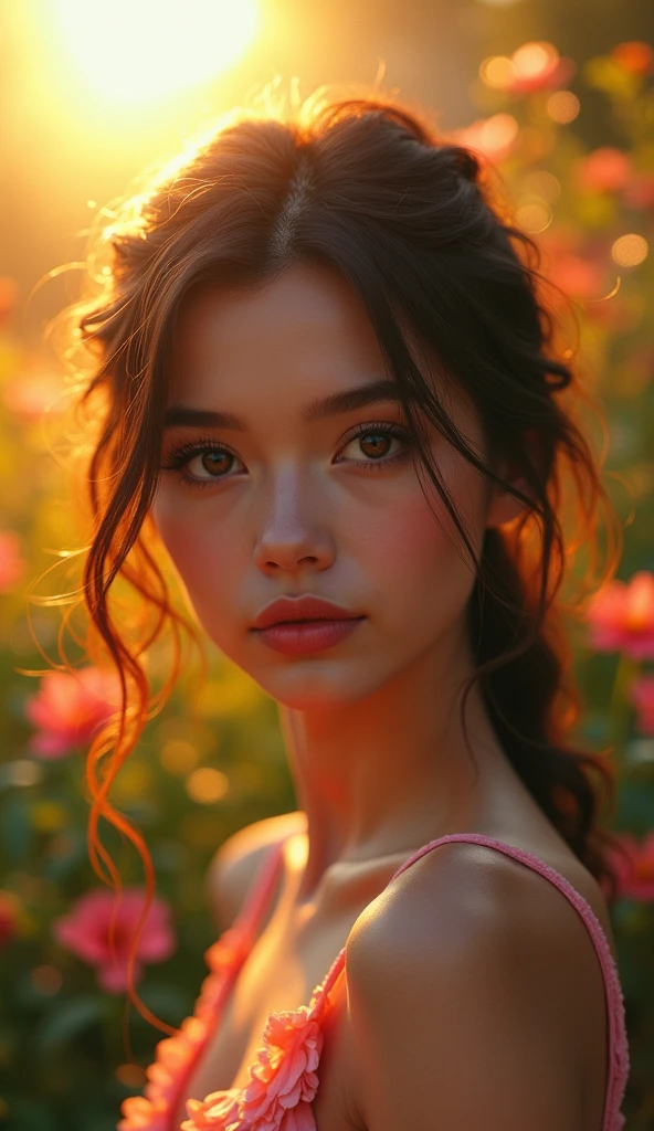 a beautiful girl in a garden, backlit by the sun, detailed facial features, long hair blowing in wind, nature, green plants, flowers, warm lighting, photorealistic, 8k, highly detailed, intricate, dramatic lighting, cinematic, fantasy, soft colors, glowing, ethereal