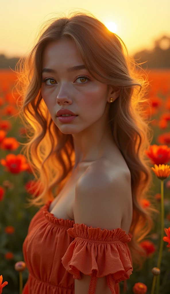 a beautiful girl in a garden, backlit by the sun, detailed facial features, long hair blowing in wind, nature, green plants, flowers, warm lighting, photorealistic, 8k, highly detailed, intricate, dramatic lighting, cinematic, fantasy, soft colors, glowing, ethereal