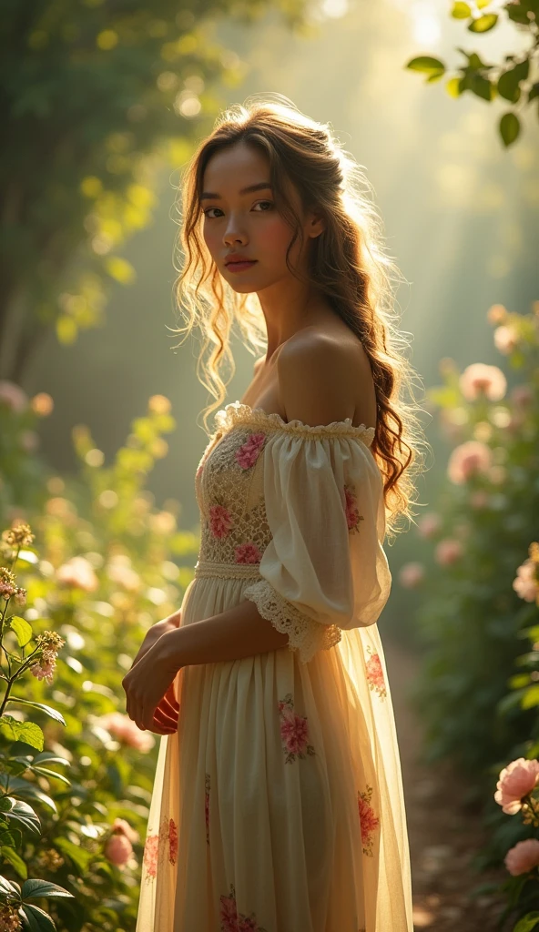 a beautiful girl in a garden, backlit by the sun, detailed facial features, long hair blowing in wind, nature, green plants, flowers, warm lighting, photorealistic, 8k, highly detailed, intricate, dramatic lighting, cinematic, fantasy, soft colors, glowing, ethereal