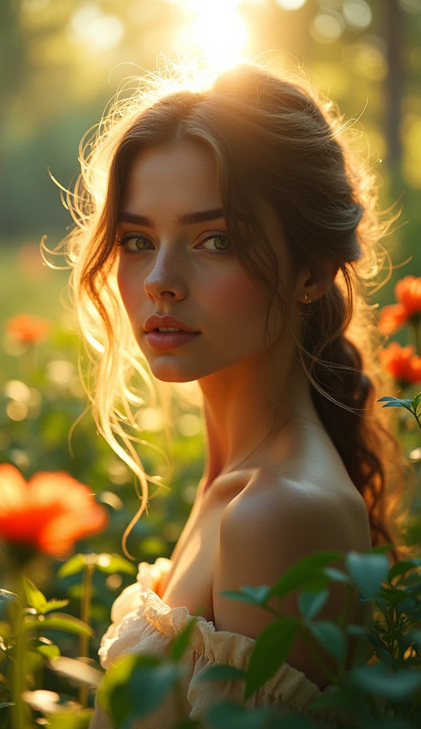 a beautiful girl in a garden, backlit by the sun, detailed facial features, long hair blowing in wind, nature, green plants, flowers, warm lighting, photorealistic, 8k, highly detailed, intricate, dramatic lighting, cinematic, fantasy, soft colors, glowing, ethereal