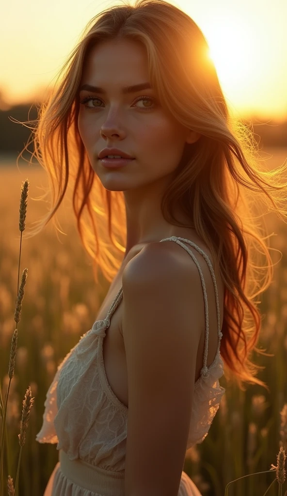 a beautiful girl in a garden, backlit by the sun, detailed facial features, long hair blowing in wind, nature, green plants, flowers, warm lighting, photorealistic, 8k, highly detailed, intricate, dramatic lighting, cinematic, fantasy, soft colors, glowing, ethereal