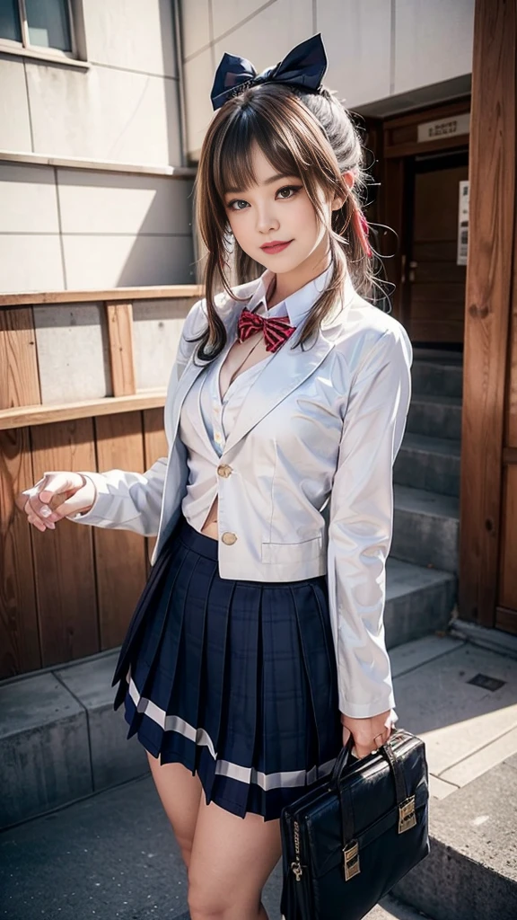 (girl standing on school steps)，Charming eyes，Operation Warming，Look away from the camera，Looked up，Thick and long black hair，Very detailed body，The face is rich in detail，best quality、(P Private NK Underwear),(High school girl),((White Blazer、Chest badge))、(White shirt),((Red bow tie)),((Navy Check Flared Skirt)),(black)、(Smile)