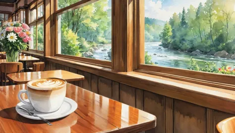 in a coffee shop, outside you can see the forest, the river, the watercolor painting, ghibli, zoom in on a cup of coffee on the ...