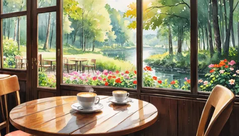 in a coffee shop, outside you can see the forest, the river, the watercolor painting, ghibli, zoom in on a cup of coffee on the ...