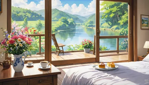 in the bedroom, outside you can see nature, river, water color painting, ghibli, zoom in on a cup of coffee, no people, there ar...