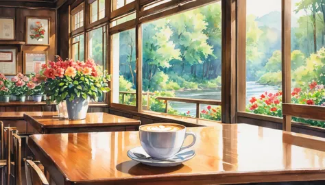 in a coffee shop, outside you can see the forest, the river, the watercolor painting, ghibli. close up of a cup of coffee on the...