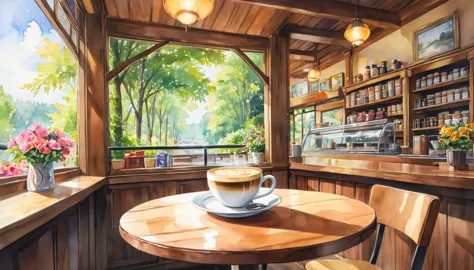 in a coffee shop, outside you can see the forest, the river, the watercolor painting, ghibli. close up of a cup of coffee on the...