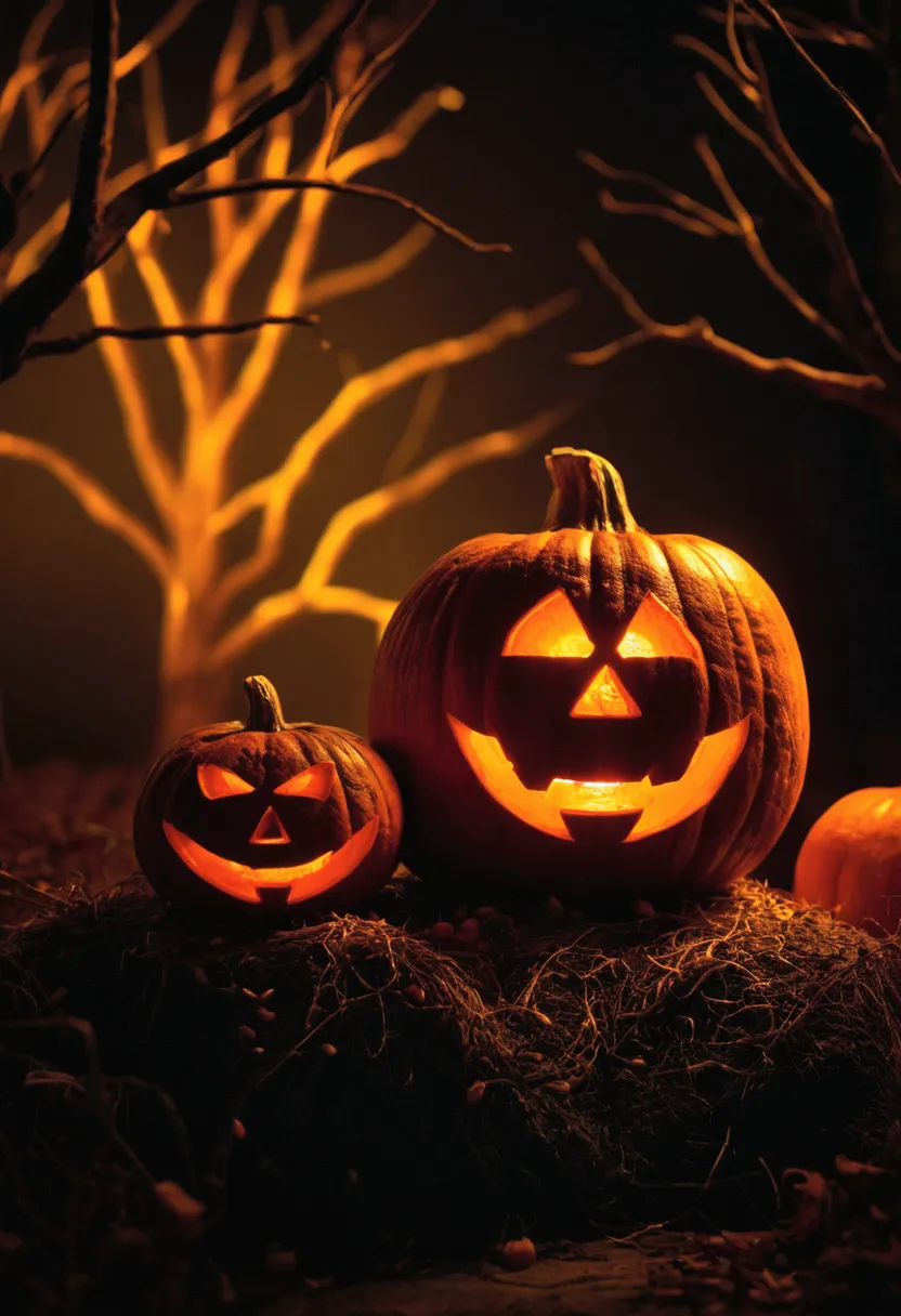 Halloween pumpkin illuminated from within hyper sharp:1.5 , dark background, Halloween scenery, HD,8k, hyper realistic, epic scene, masterpiece, best photography, blurred background, Pay attention to the Halloween pumpkin