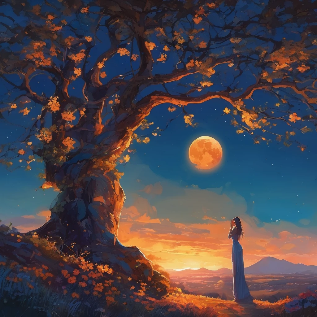 super wide angle，sky，Open fields of Jasmine，（Muscular man with brown hair, muscular blonde naked woman, embraced in the wind, face perfect, showing full body, perfects eyes, perfect fingers），（fullmoon：0.9），（nebula：1.1），distant mountains，tree，（cool light：1.2），very blue and orange，rich in detail，to dream，magie, 8k