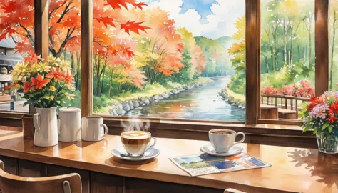 in a coffee shop, outside you can see a maple forest, a river, a watercolor painting, ghibli. close up of a cup of coffee on the...