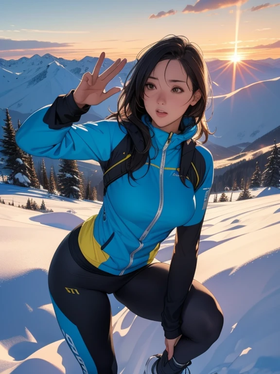 (Highest quality,4K,8k,High resolution,masterpiece:1.2),Very detailed,(Realistic,photoRealistic,photo-Realistic:1.37),Majestic mountain slope at sunset, The graceful figure of a girl climbing a hill, ((Winter outdoor climber style clothing)), A person reaching out to the sunlight shining down from the mountaintop, Beautiful landscape decorated with earthy colors, A hopeful view, Evoke affective emotions in the viewer, Highlight the scenery、Minimize portrait size