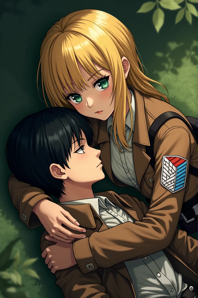 ok, I will explain to you how I want the image, Attack on Titan comics are two characters, one is a man and the other a woman, the woman has blonde hair and green eyes, the man is lying on the sleeping woman&#39;s lap, they are on the ground, the man has short black hair and is sleeping, de olhos fechados, they have the clothes of the exploration troop, has the WIT style WIT trait