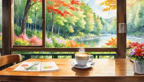 in a coffee shop, outside you can see a maple forest, a river, a watercolor painting, ghibli. close up of a cup of coffee on the...