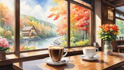 in a coffee shop, outside you can see a maple forest, a river, a watercolor painting, ghibli. close up of a cup of coffee on the...