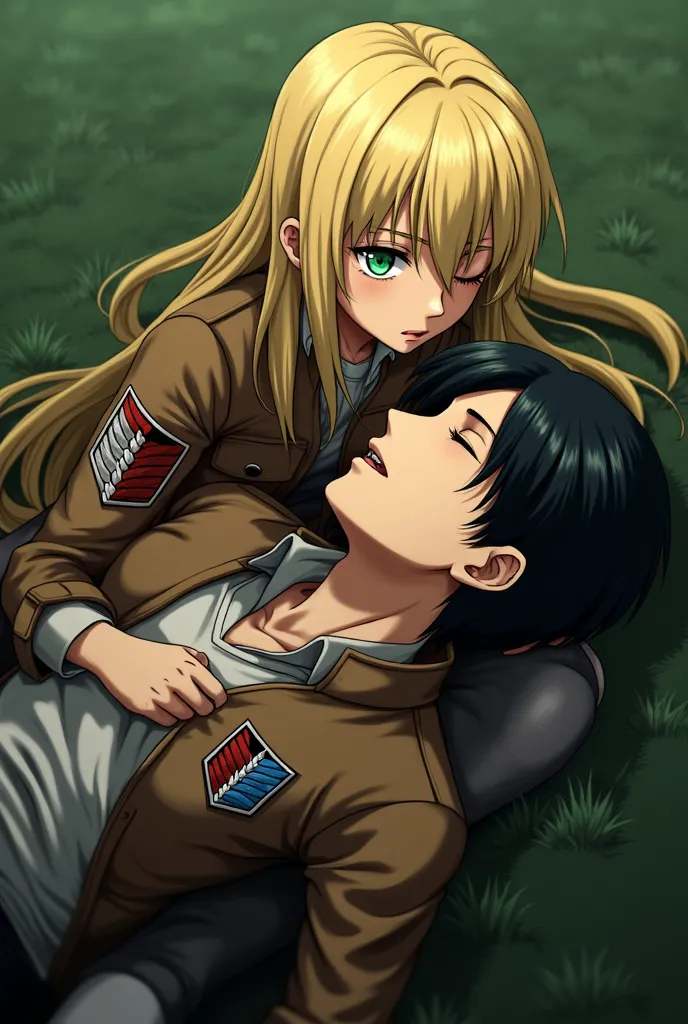 ok, I will explain to you how I want the image, Attack on Titan comics are two characters, one is a man and the other a woman, the woman has blonde hair and green eyes, the man is lying on the sleeping woman&#39;s lap, they are on the ground, the man has short black hair and is sleeping, de olhos fechados, they have the clothes of the exploration troop, has the WIT style WIT trait